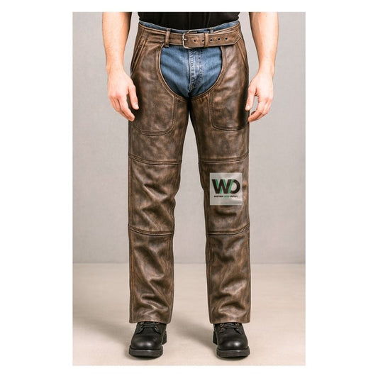 Brown waxed leather riding chaps with belt front view