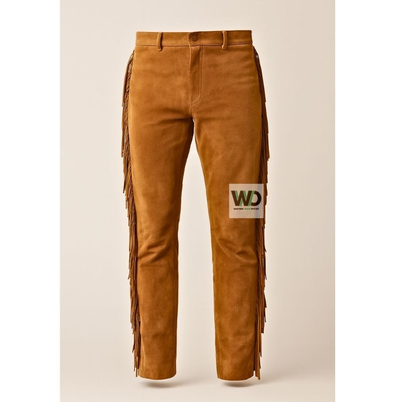 Cognac suede fringe pants with long side tassels western style front view