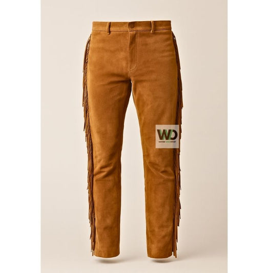 Cognac suede fringe pants with long side tassels western style front view