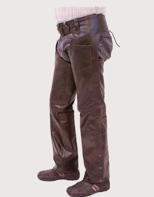 Men’s cowboy leather riding chaps with utility pocket front view