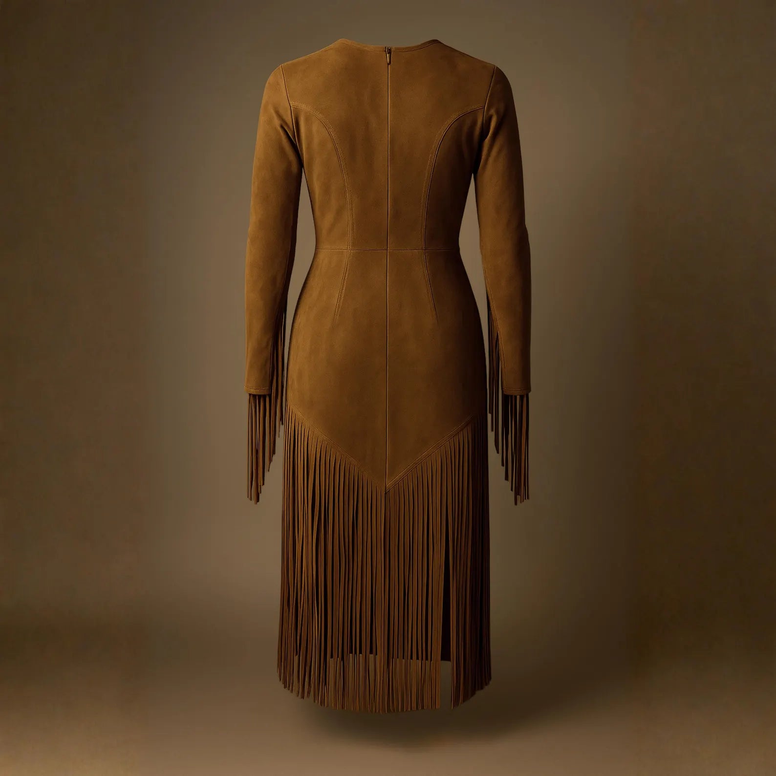 dark brown suede fringe dress rear western design