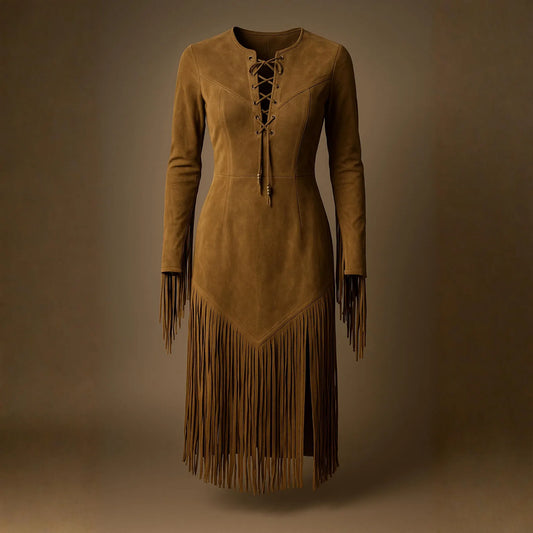 dark brown suede fringe dress western style women