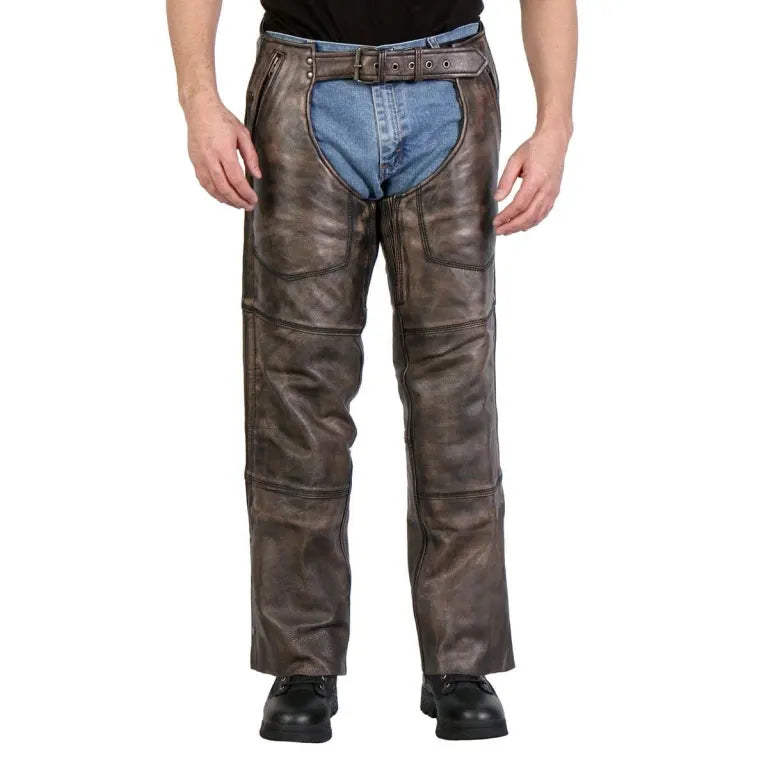 Distressed brown leather motorcycle chaps with reinforced panels front view
