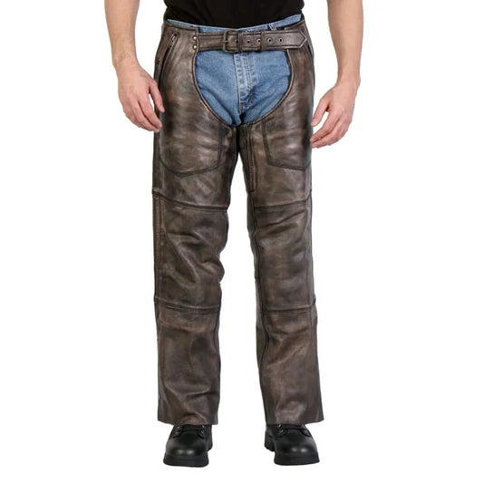 Distressed brown leather motorcycle chaps with reinforced panels front view