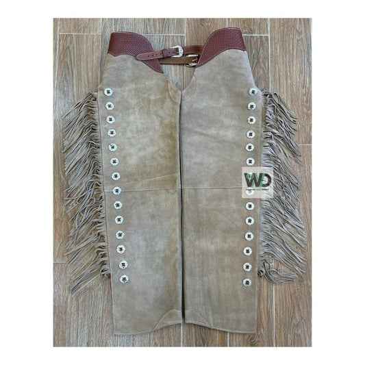gray suede fringe chaps concho western