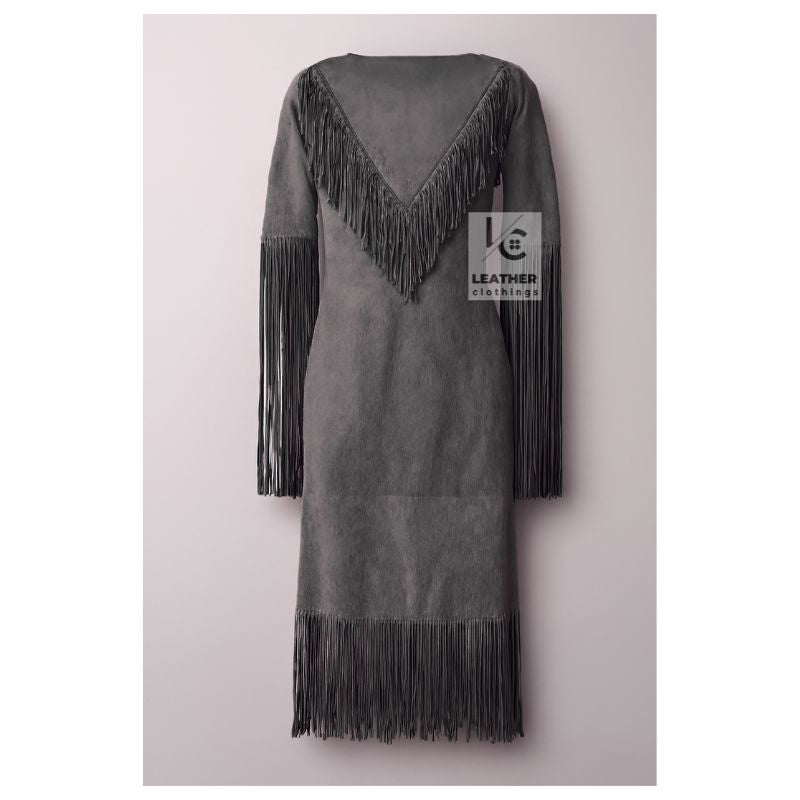 gray suede fringe maxi dress western style women