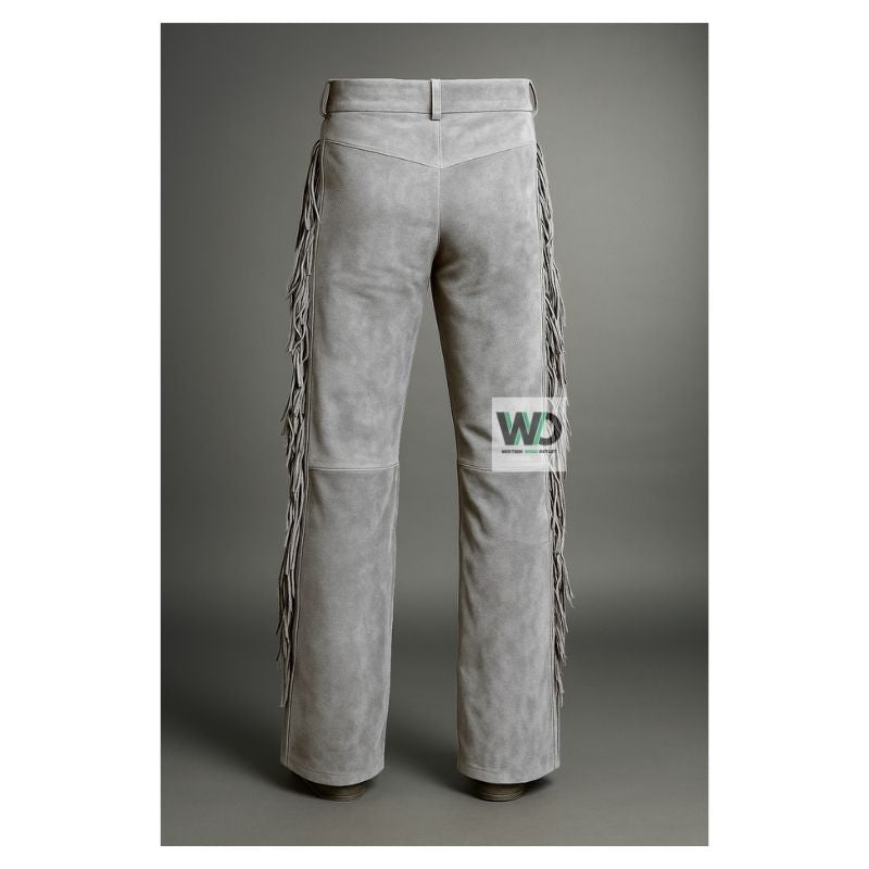 Back view of gray suede western pants with side fringe detail