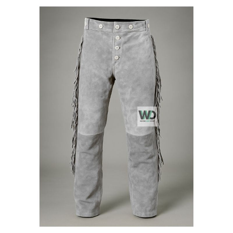 Gray suede fringe pants with button fly western style front view