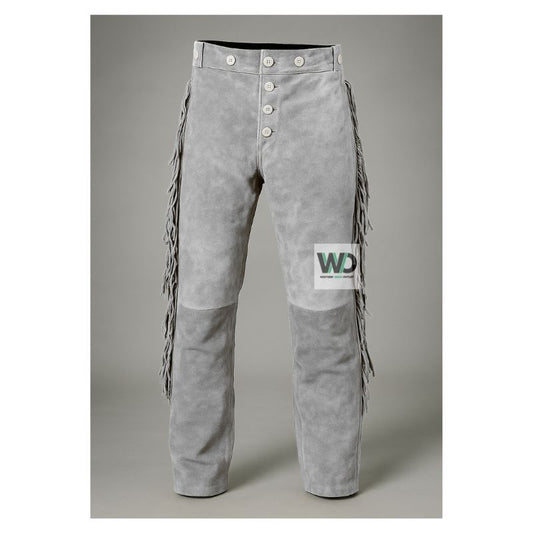 Gray suede fringe pants with button fly western style front view