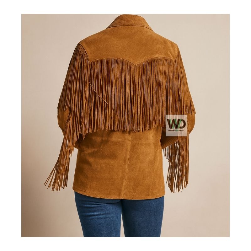 Women’s handcrafted suede cowgirl jacket back view fringe detail