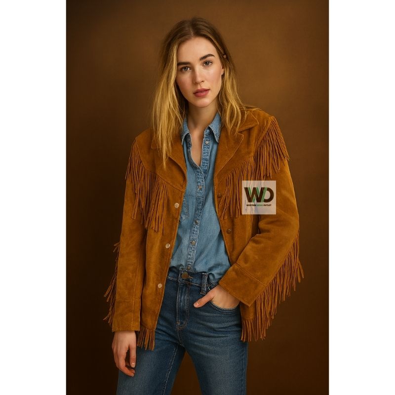 Handcrafted suede cowgirl jacket women western fringe coat front view