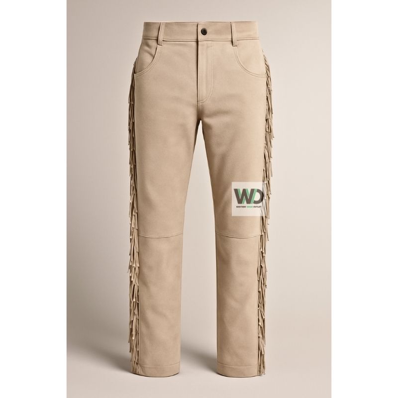 Men’s beige suede fringe pants five pocket western style front view