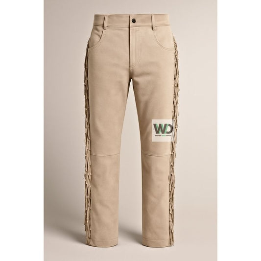 Men’s beige suede fringe pants five pocket western style front view