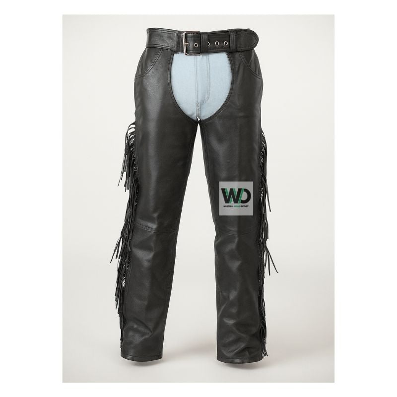 mens fringe leather chaps stretch panel riding