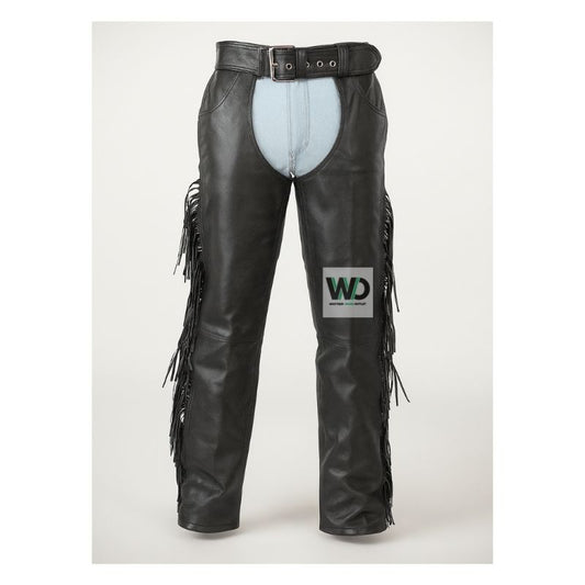 Men’s black fringe leather chaps with full-length fringe front view
