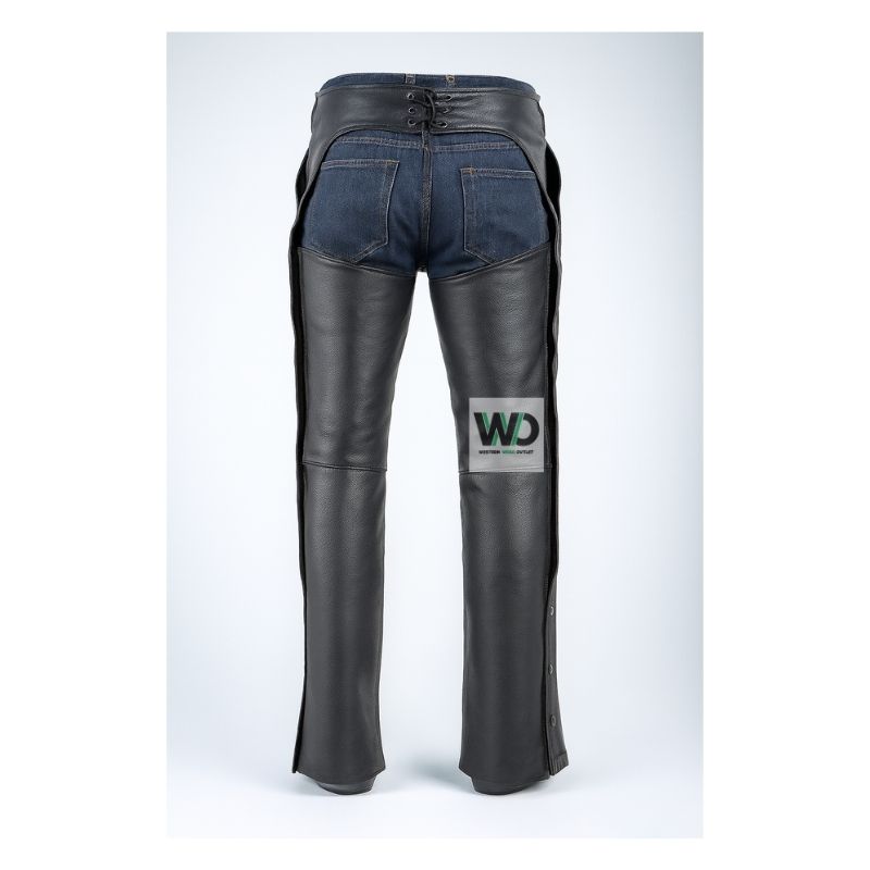 black leather motorcycle chaps rear view belted design