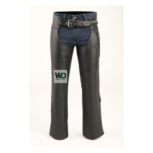Men’s black leather motorcycle chaps with belt front view