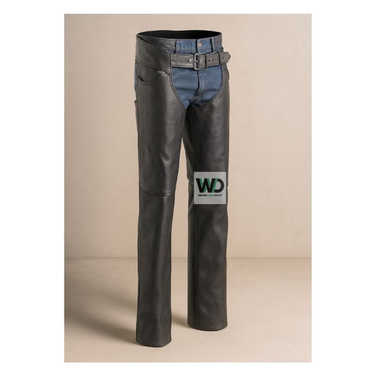 Men’s black leather motorcycle chaps with slim clean fit front view