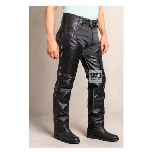 Men’s black leather motorcycle riding chaps with reinforced panels front view