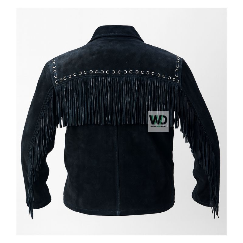 Men’s black suede fringe jacket back view tassel detail