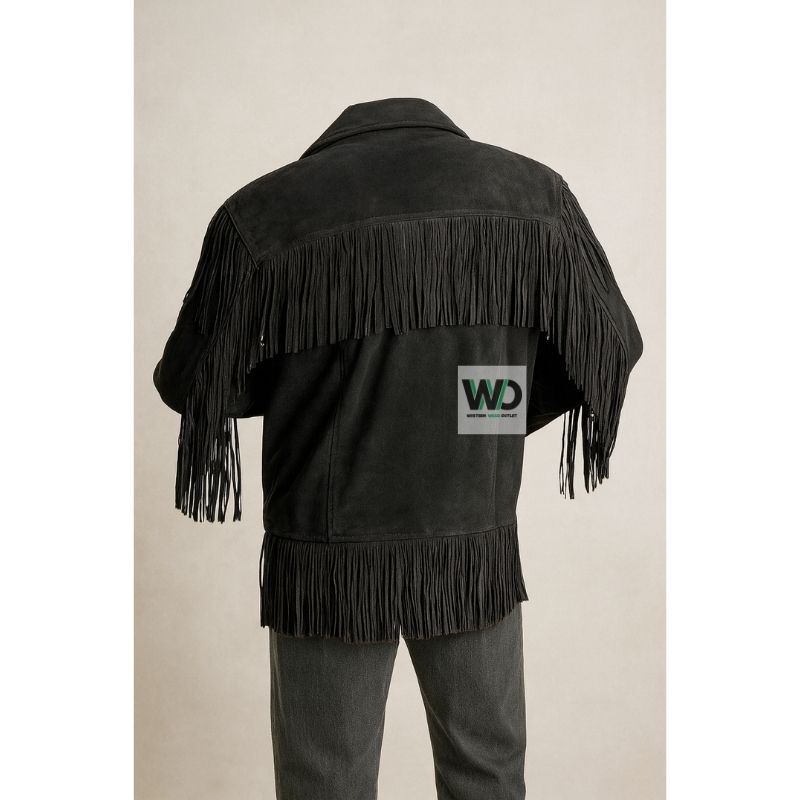 Men’s black suede fringe jacket back view layered tassel detail
