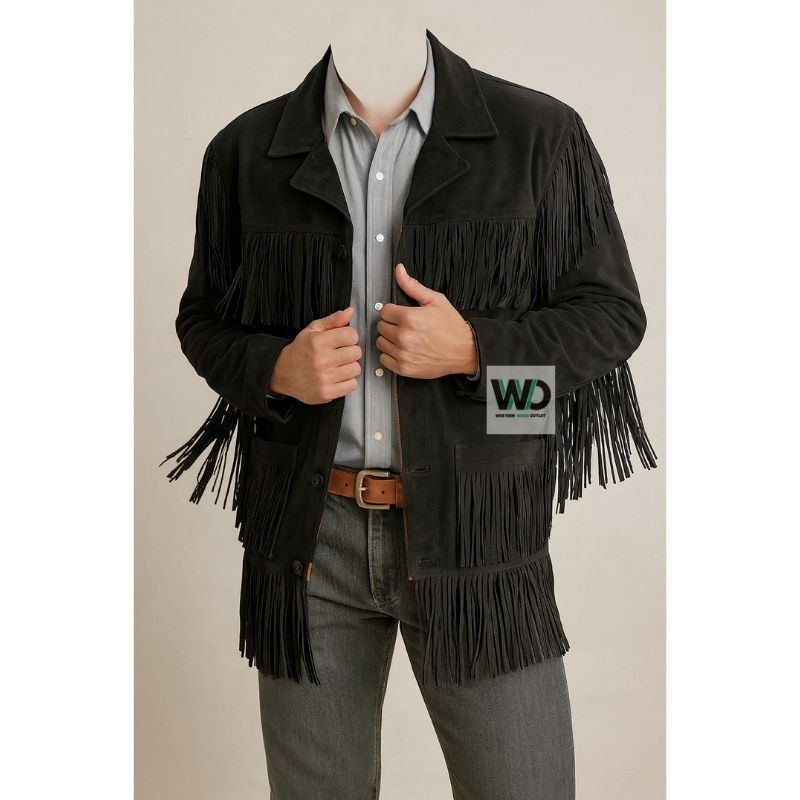 Mens black suede fringe jacket boho style long tassels front view
