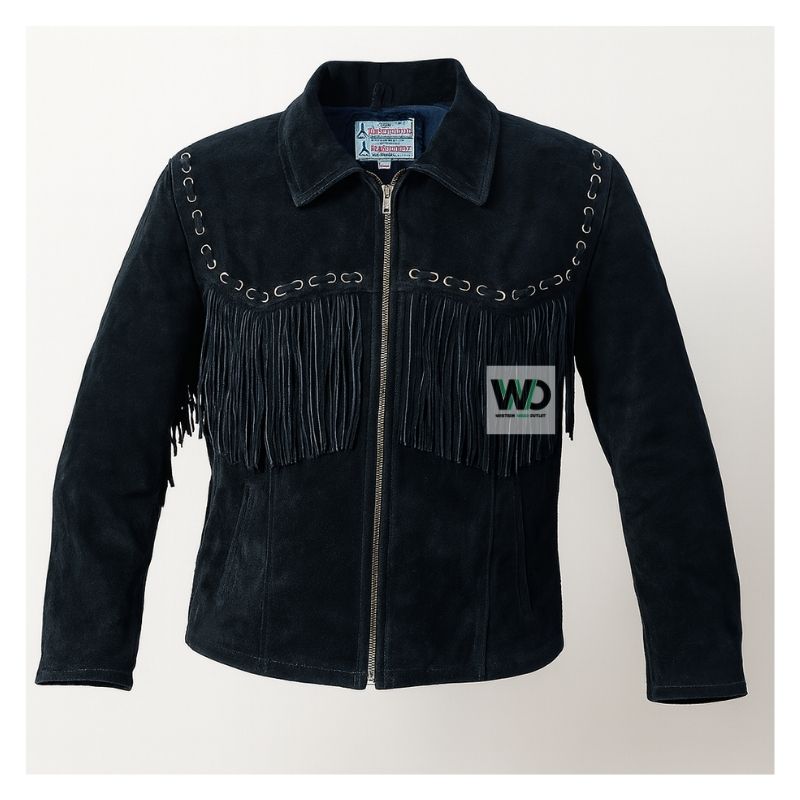 Black suede fringe jacket men western cowboy style front view