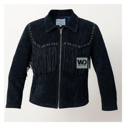Black suede fringe jacket men western cowboy style front view