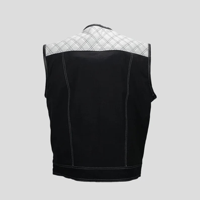 Mens two tone leather vest back view structured design