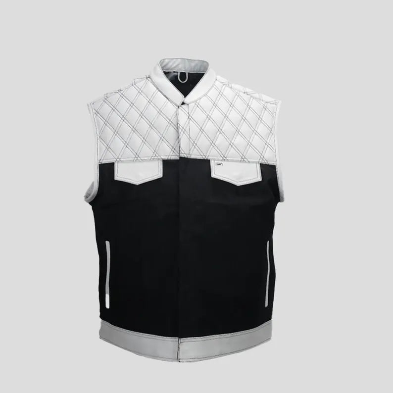 Black and white leather vest men quilted yoke front view