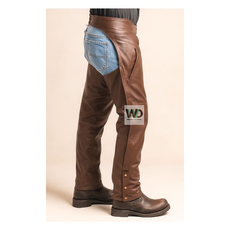 brown motorcycle chaps rear zip pocket design
