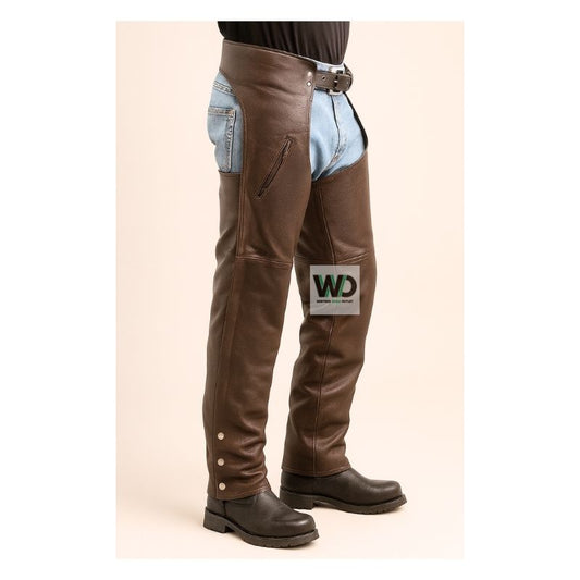 Men’s brown leather motorcycle chaps with zip pocket