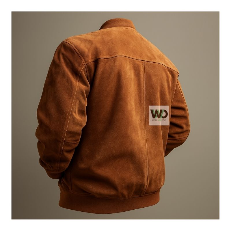 Men’s brown suede bomber jacket back view clean design