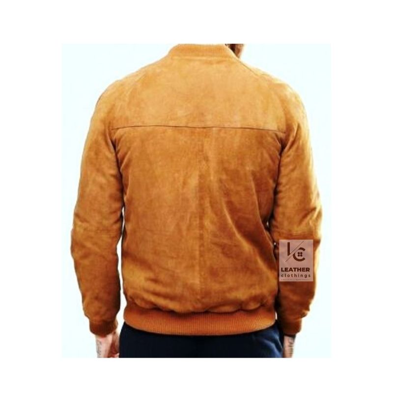 Men’s brown suede bomber jacket back view relaxed fit