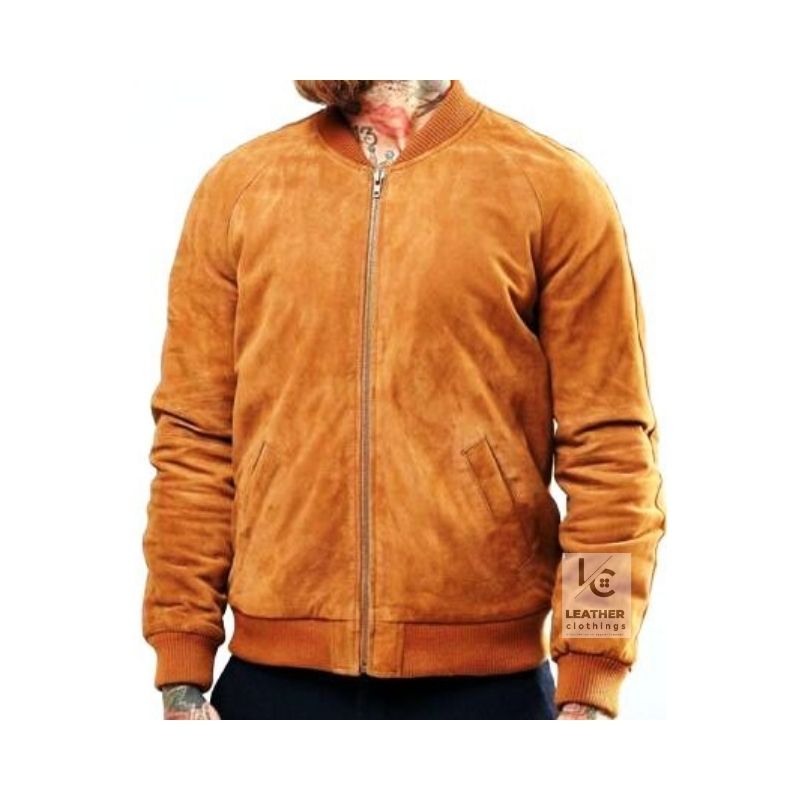 Mens brown suede bomber jacket casual style front view