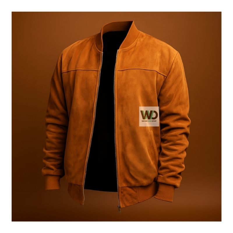 Mens brown suede bomber jacket classic style front view