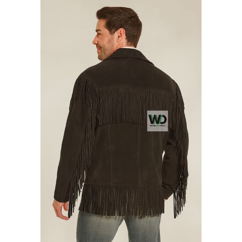 Men’s brown suede fringe coat back view layered tassel detail