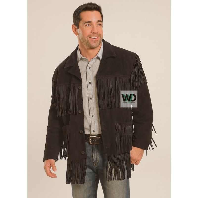 Mens brown suede fringe jacket long western coat front view
