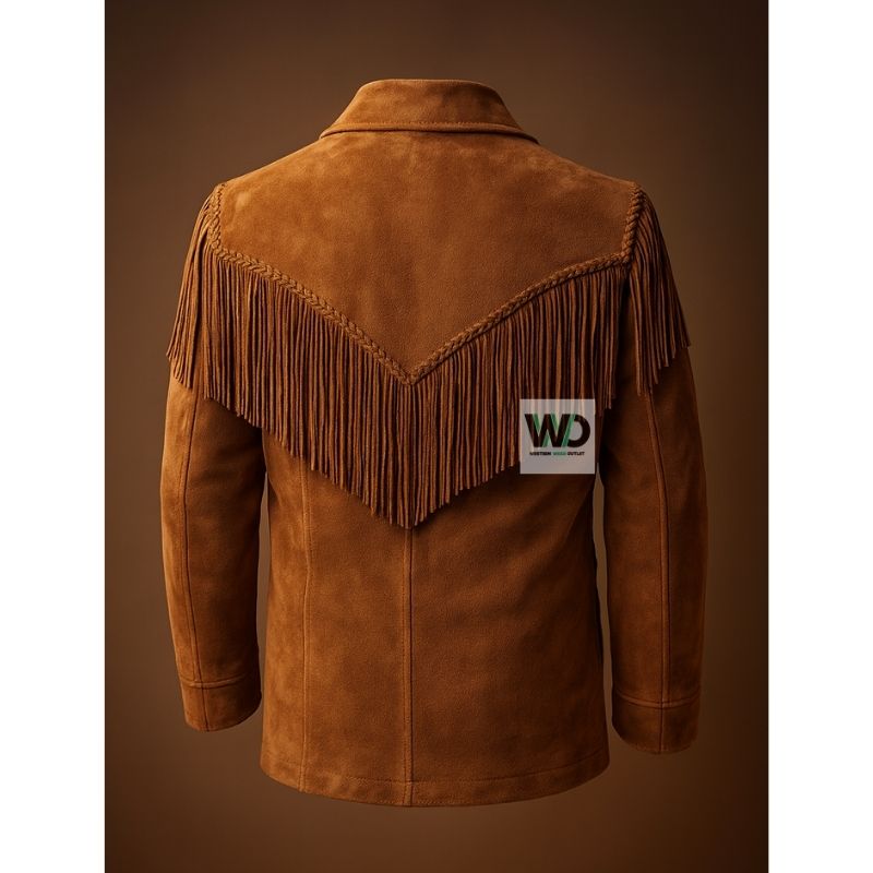 Men’s suede fringe jacket back view angled tassel yoke detail