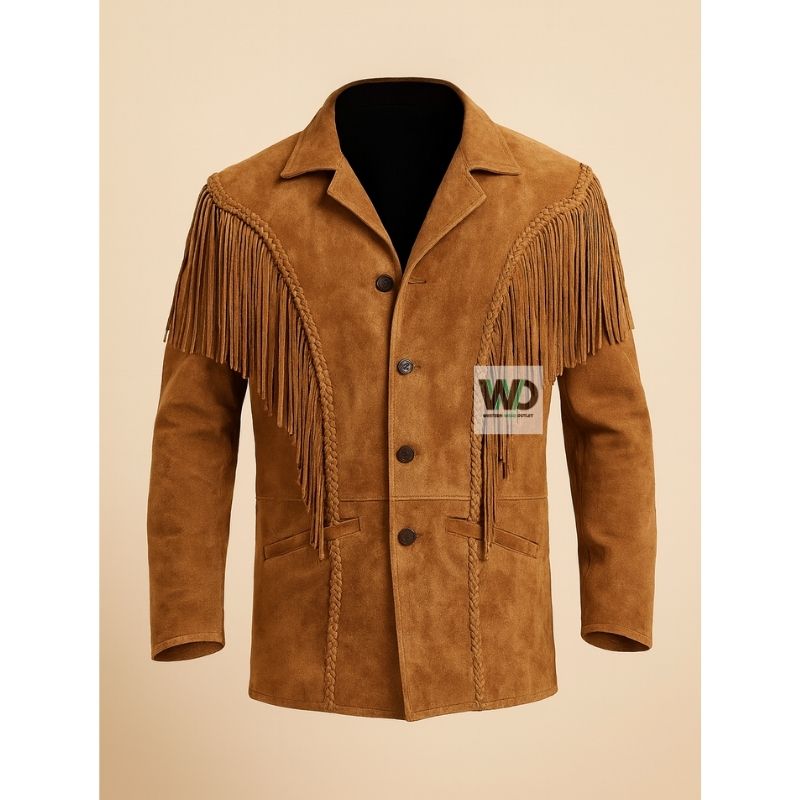 Mens brown suede fringe jacket braided trim western style front view