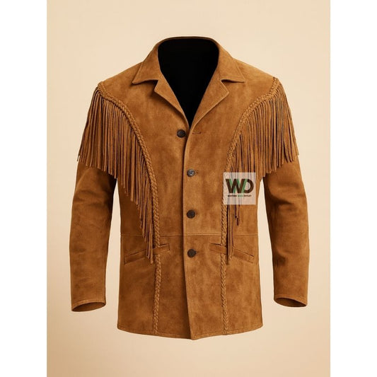 Mens brown suede fringe jacket braided trim western style front view