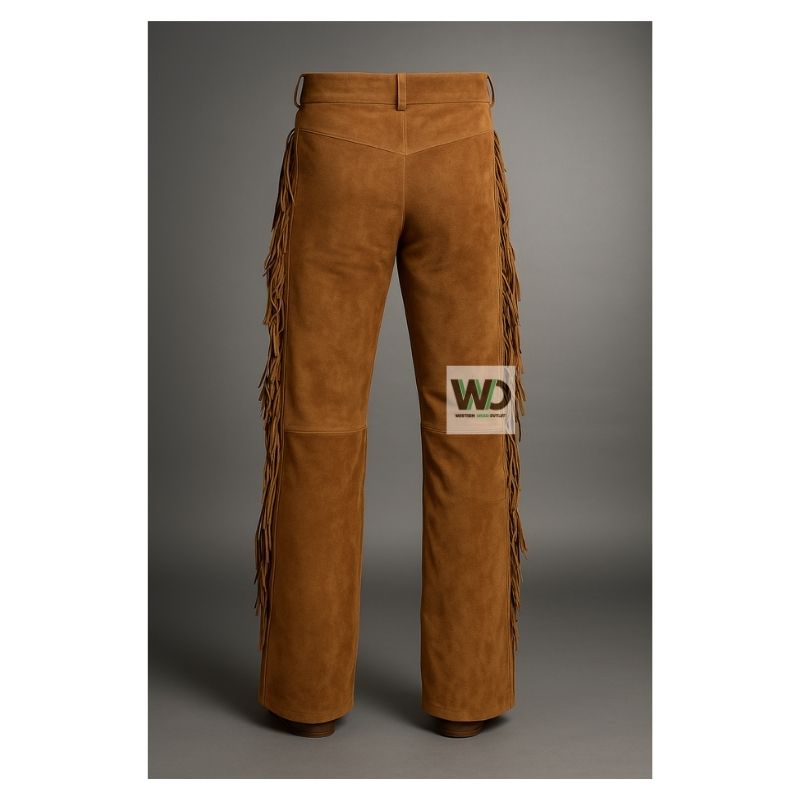 Mens western suede fringe pants back view tassel detail