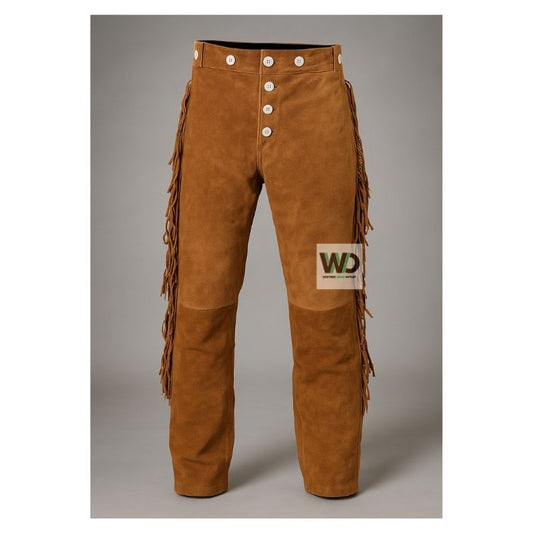 Brown suede fringe pants men western style front view