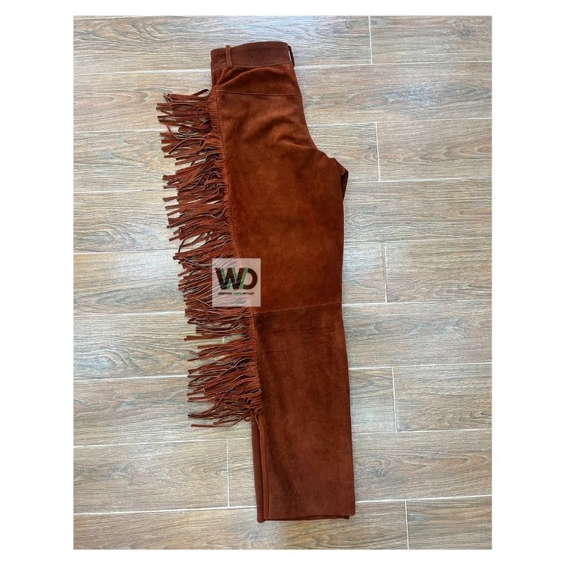 Back view of men’s suede fringe pants with cognac tone and side fringe
