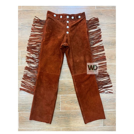 Men’s cognac suede fringe pants with white button fly western style front view
