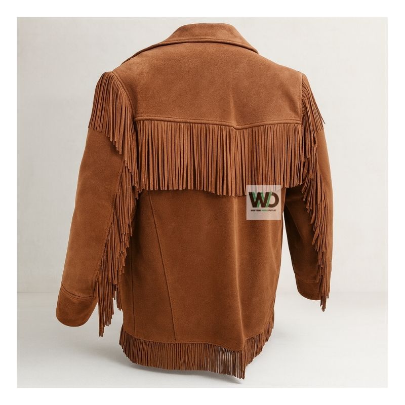Men’s leather fringe jacket back view tassel detail