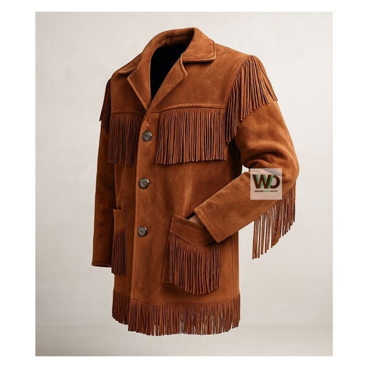 Cowboy leather fringe jacket men western style front view