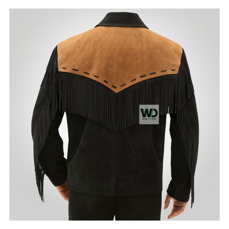 Men’s two tone leather fringe jacket back view tassel detail
