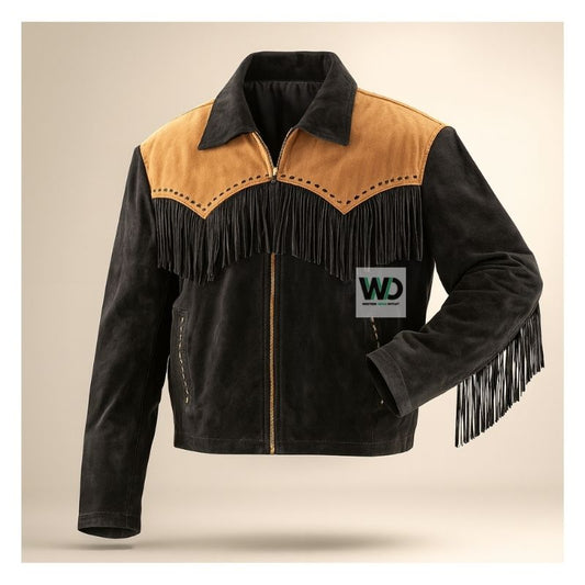 Mens leather fringe jacket two tone western style front view