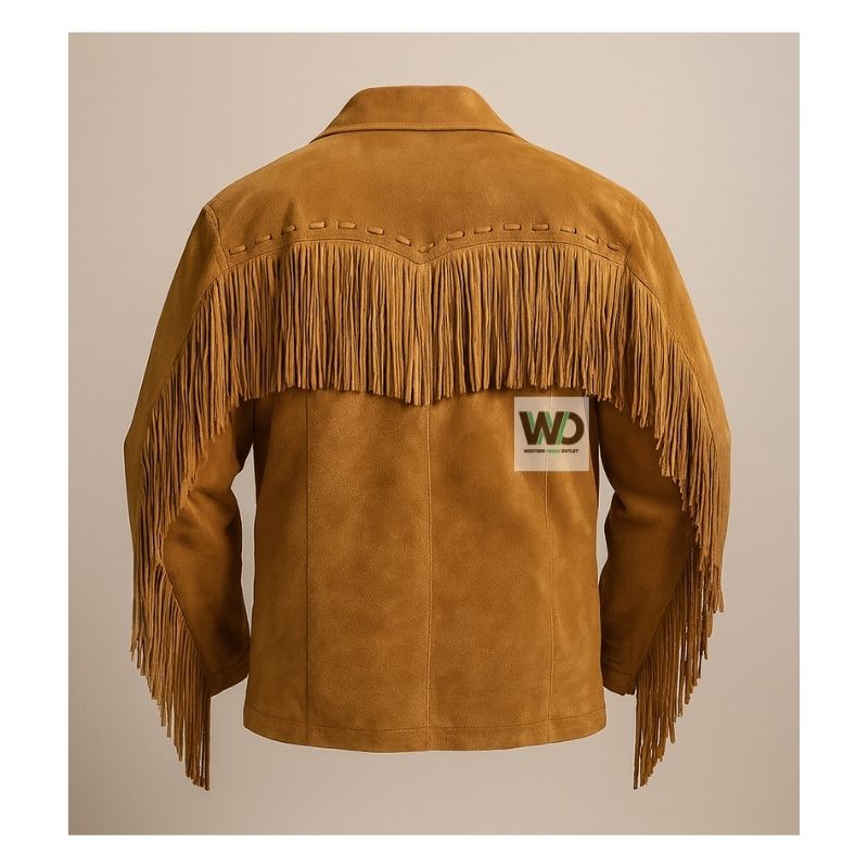 Men’s suede fringe jacket back view tassel detail